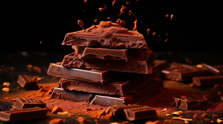 a plate of chocolate pieces on a tableの素材