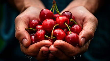 a person holding a handful of cherries in their handsの素材