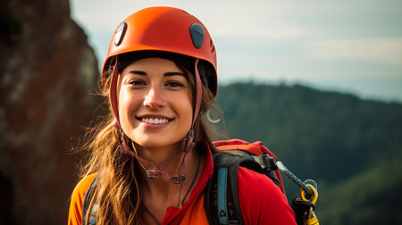 a woman wearing a helmet and a backpackの素材