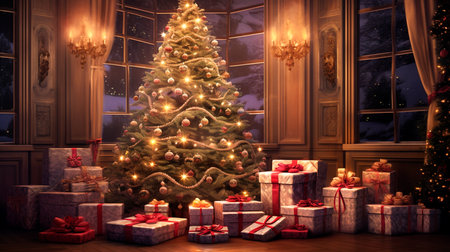 a christmas tree with presents in front of itの素材