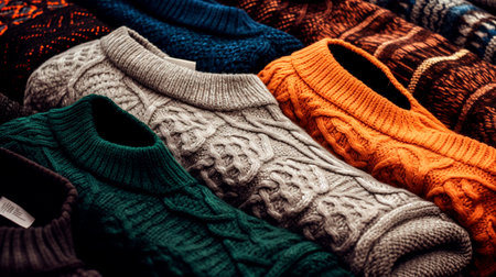 a rack of sweaters hanging on a wallの素材