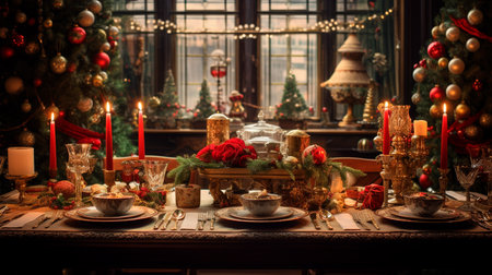 a table set for a holiday dinner with candles and ornamentsの素材