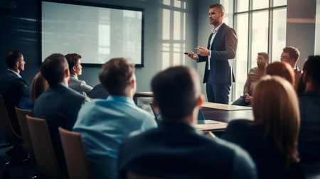 a man giving a presentation to a group of peopleの素材