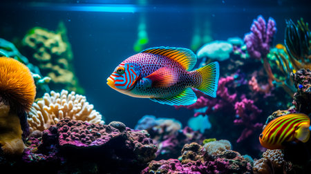 a fish in a tank with corals and other fishの素材