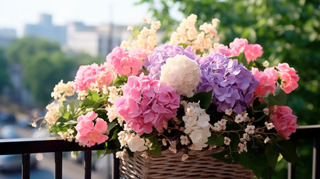 a basket of flowers on a balcony railingの素材