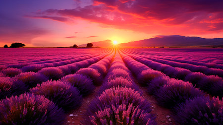 a lavender field with a church in the distanceの素材