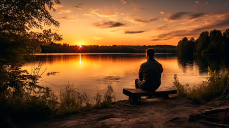 a man sitting on a bench looking out at a lakeの素材