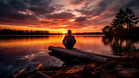 a man sitting on a bench looking out at a lakeの素材