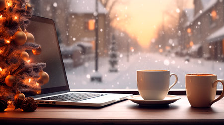 a laptop computer sitting on a table next to a cup of coffeeの素材