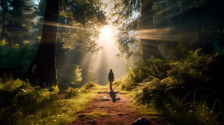 a person walking on a path in the woodsの素材