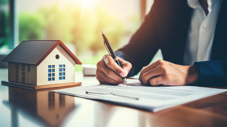 a man in a suit signing a document with a house model on the tableの素材