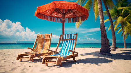 a beach with lounge chairs and umbrellas on a sunny dayの素材
