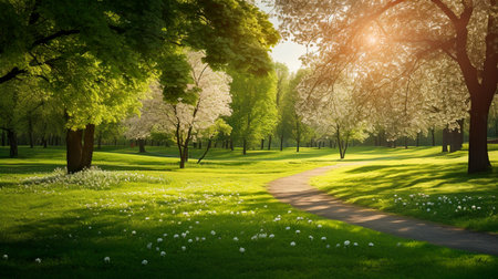 a park with a dirt path and treesの素材