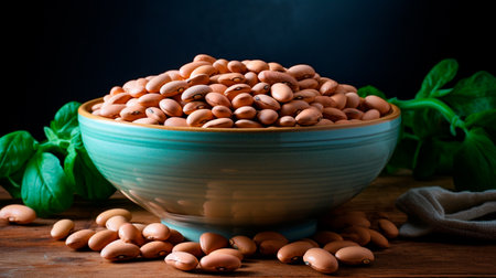 a bowl of beans and beans on a tableの素材