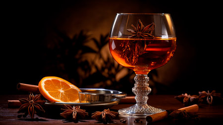 a glass of wine and some cinnamons and an orangeの素材