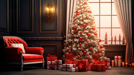 a christmas tree in a living room with a view of a cityの素材