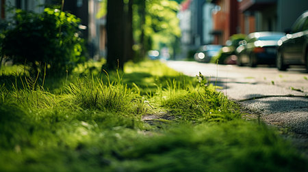 a wet sidewalk with grass and lights in the backgroundの素材