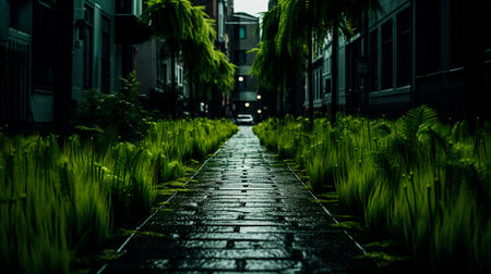 a wet sidewalk with grass and lights in the backgroundの素材