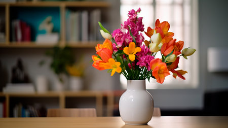 a vase of flowers on a table in a roomの素材