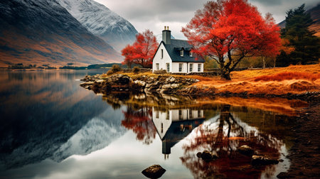 a house on a small island in the middle of a lakeの素材