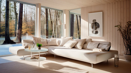a living room with a couch, chair, ottoman and a large windowの素材
