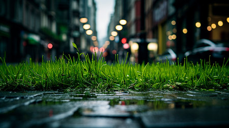 a wet sidewalk with grass and lights in the backgroundの素材