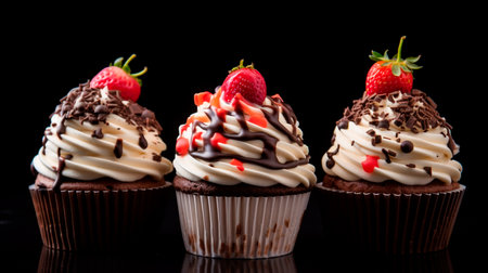 three cupcakes with chocolate frosting and strawberriesの素材