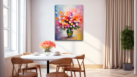 a vase of flowers on a table in a roomの素材
