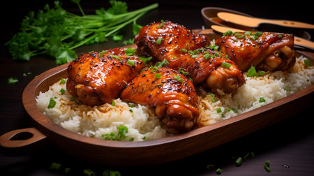 a plate of food with rice and meatの素材