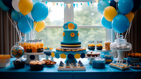 a birthday party with a cake and balloonsの素材