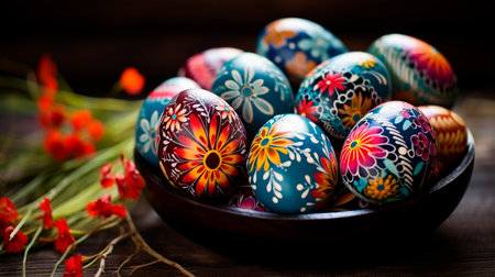 a bowl of painted eggs on a tableの素材