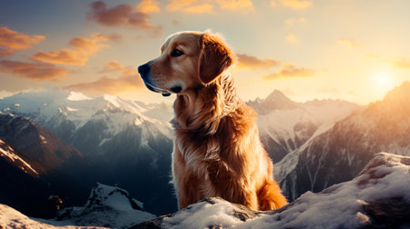 a dog sitting on a hill with a sunset in the backgroundの素材