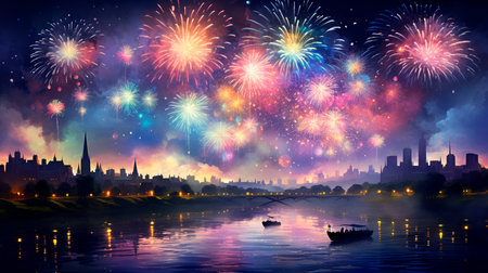 a fireworks display in a city with a lakeの素材
