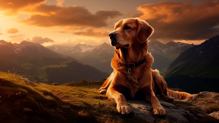 a dog sitting on a hill with a sunset in the backgroundの素材