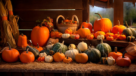a table with pumpkins and gourds on itの素材