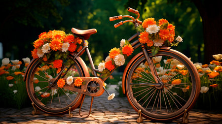 a bicycle with flowers on the front and backの素材