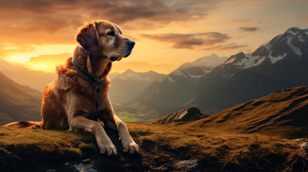 a dog sitting on a hill with a sunset in the backgroundの素材