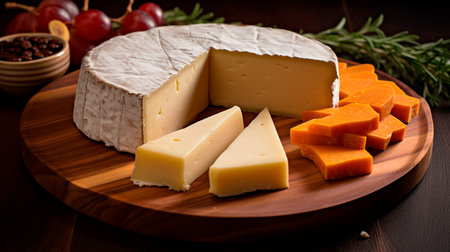 a cutting board with cheese and fruit on itの素材