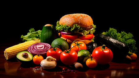 a hamburger surrounded by vegetables and fruitsの素材