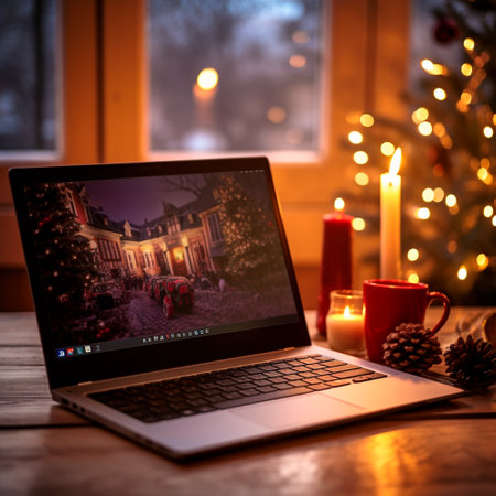 a laptop computer sitting on a table next to a cup of coffeeの素材