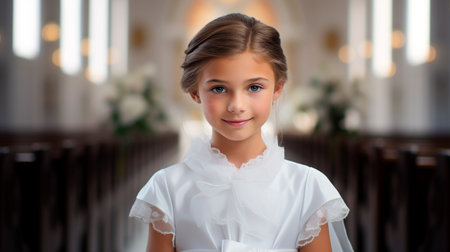 a young girl in a white dress holding a bouquet of flowersの素材