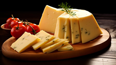 a cutting board with cheese and fruit on itの素材