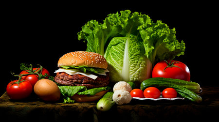 a hamburger surrounded by vegetables and fruitsの素材
