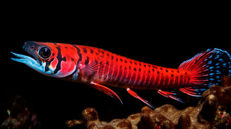 a fish with a red tail and a black backgroundの素材