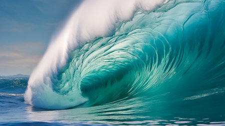 a wave breaking in the ocean with a blue skyの素材