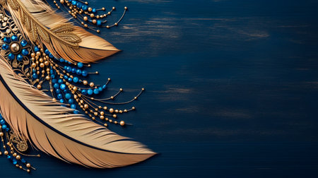 a feather resting on a plant against a blue wallの素材