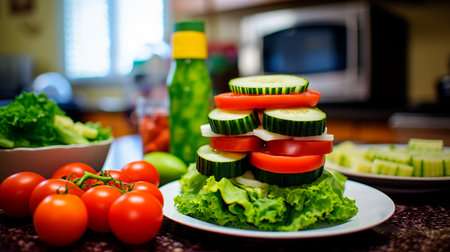 a hamburger surrounded by vegetables and fruitsの素材