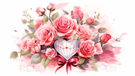 a heart shaped arrangement of pink and red rosesの素材