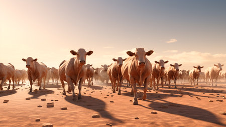 a herd of cows walking across a dirt fieldの素材
