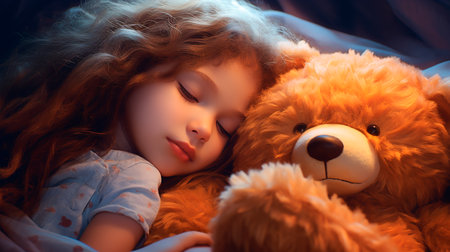 a little girl sleeping with a teddy bearの素材